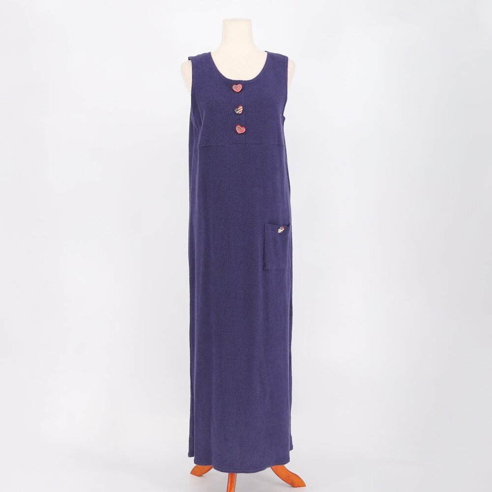 Vintage Purple Terry Cloth Sleeveless Maxi Dress Patriotic Heart Buttons Size M
